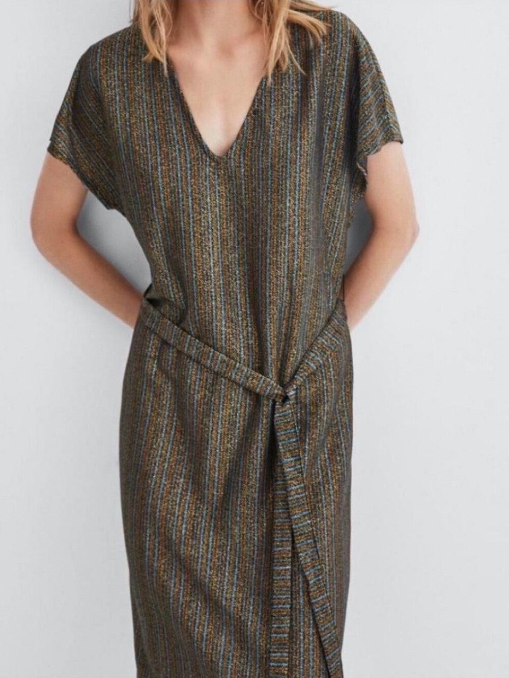 Zara Bronze Multi-Stripe V-Neck Tie-Waist Midi Dress Shimmery Disco Size Small